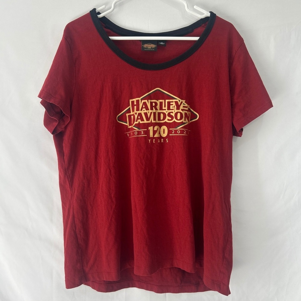 Harley Davidson 120 Years Anniversary T-Shirt Red Black Ringer Scoop Neck XL